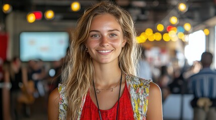 Obraz premium Young Woman Smiling Outdoors in Casual Attire