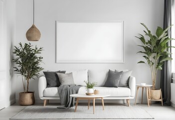 Mockup frame poster Galery in living room, Modern Style, interior background, Wall Mockup Frame Poster Galery furniture white