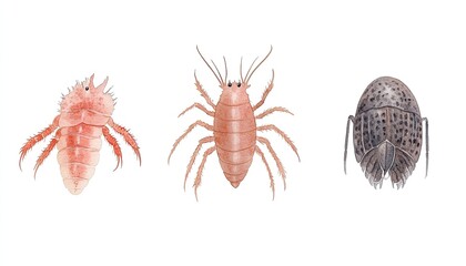 Obraz premium Detailed illustration of three different marine crustaceans showcasing their unique features and textures