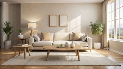 Surreal Beige Living Room: Minimalist Interior Design, Wooden Table, Cozy Rug