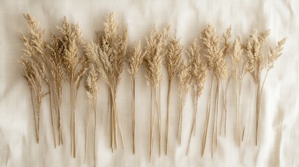 Fototapeta premium Dried Pampas Grass Arranged on Beige Fabric