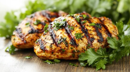 Juicy grilled chicken breast garnished with herbs, placed on a wooden surface, showcasing appealing grill marks and vibrant colors