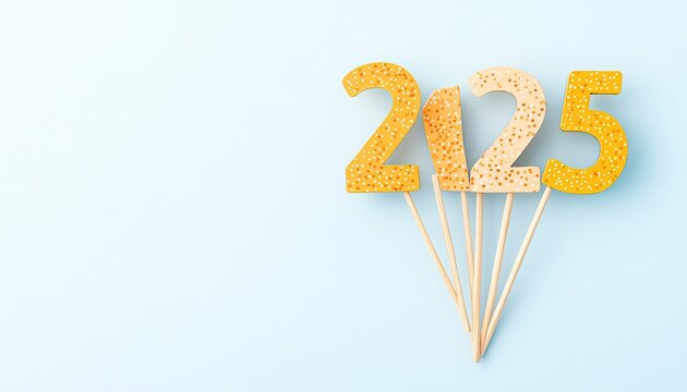 Colorful decorative numbers 2125 on wooden sticks against a light blue background