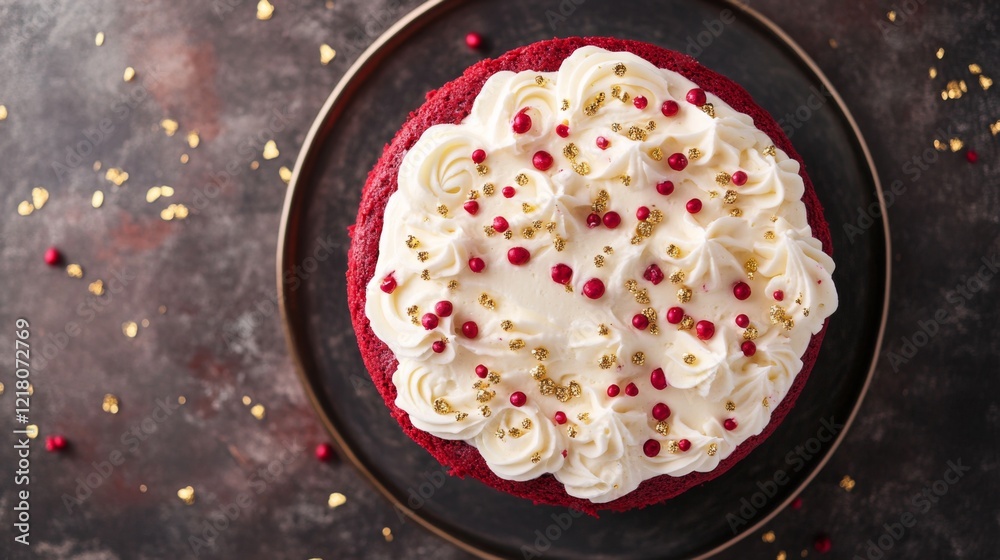 Poster High-resolution top view of a decadent red velvet cake with cream cheese frosting and a touch of edible gold flakes, emphasizing its luxurious presentation.