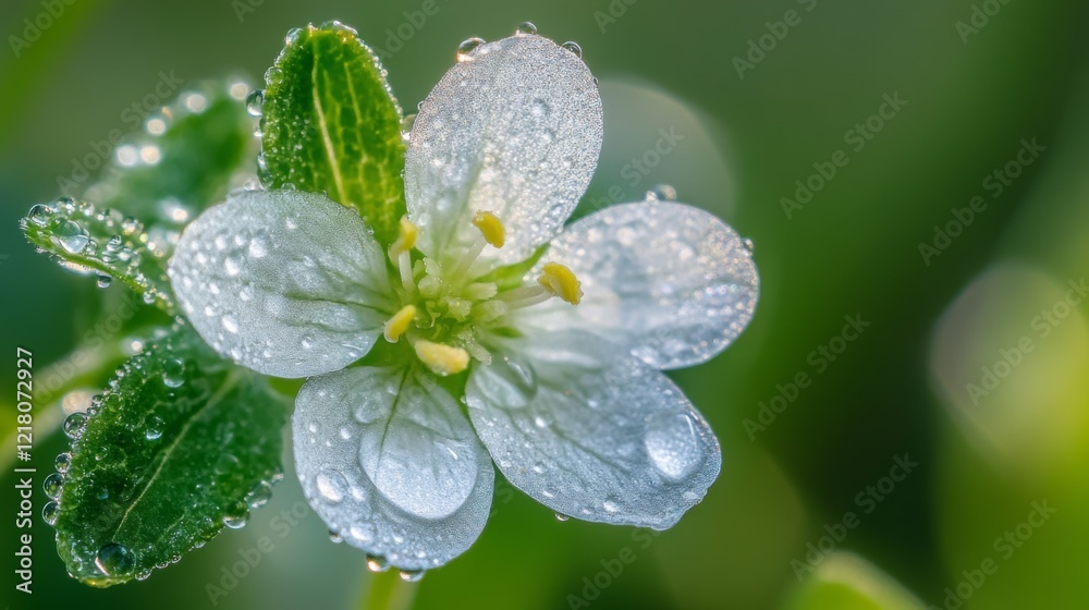 Poster High-resolution view of a flower with dew drops on its petals, featuring a soft focus on the droplets to emphasize their sparkling and fresh appearance.