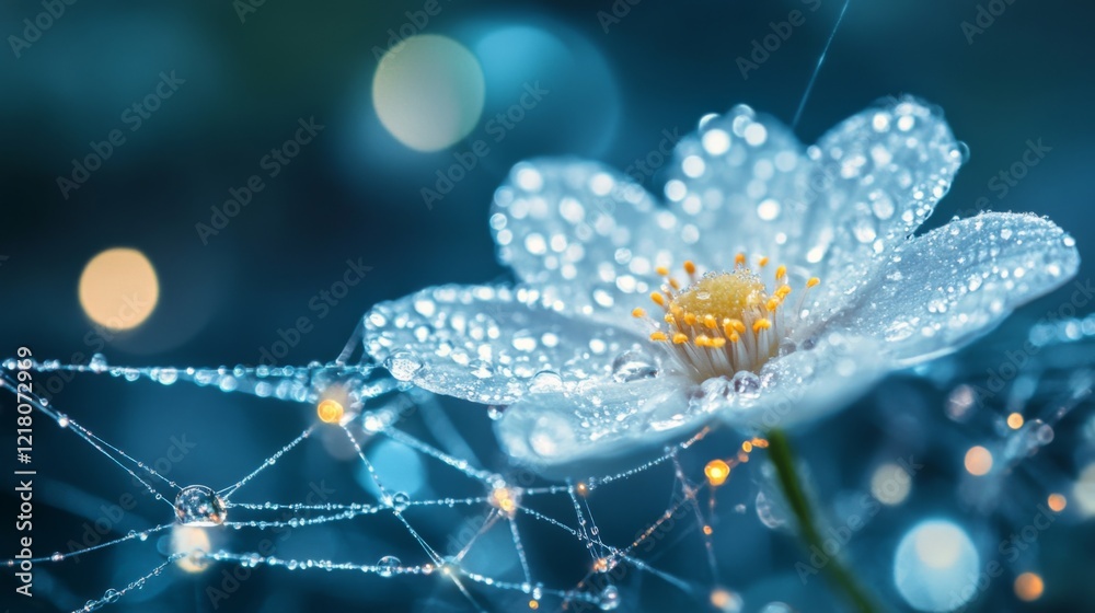 Poster High-resolution view of a flower with dew drops on its petals, featuring a soft focus on the droplets to emphasize their sparkling and fresh appearance.