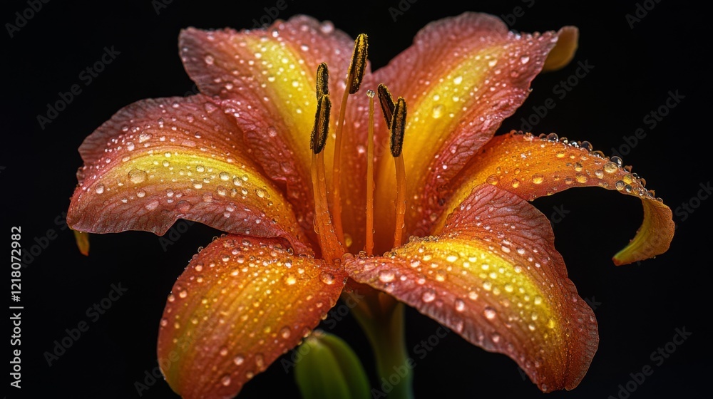 Aufkleber High-resolution view of a flower with dew drops on its petals, featuring a soft focus on the droplets to emphasize their sparkling and fresh appearance.