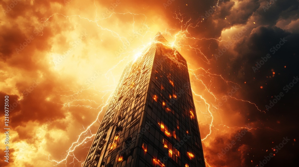 Poster high-resolution view of lightning striking a tall building during a summer thunderstorm, with dramat