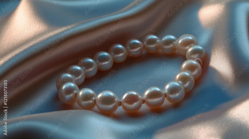 Poster macro shot of a pearl bracelet resting on a silk fabric, focusing on the soft shimmer and perfect ro
