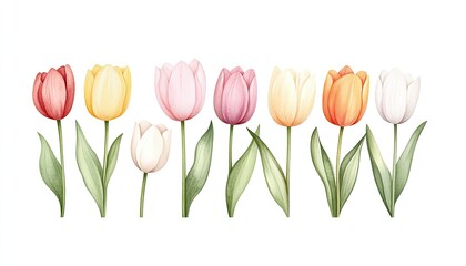 Colorful arrangement of tulips in various shades showcasing spring beauty against a white background