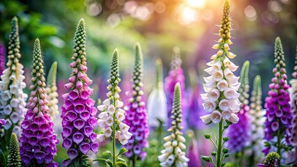 Obraz premium Tilt-Shift Wild Foxglove Photography: Miniature Fairy Tale Flowers, Closeup Macro Images, Digital Painting, Fantasy Garden, Blooming Digital Art