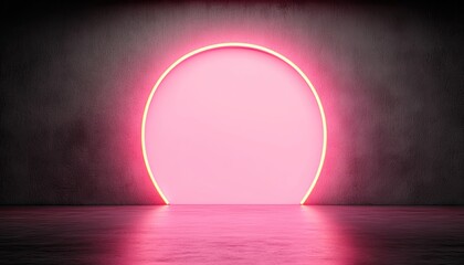A vibrant neon pink sun setting in a dimly lit room with a smooth reflective floor