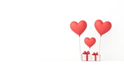 Three heart-shaped balloons in red float above a gift box with ribbons on a white background