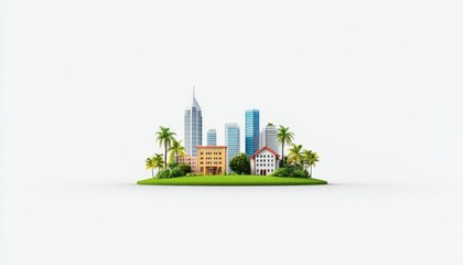 A vibrant miniature cityscape featuring modern skyscrapers and lush greenery on a small island