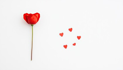 A single red rose accompanied by scattered heart-shaped confetti on a white background