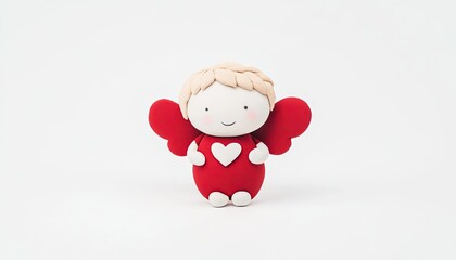 Cute handmade figurine of a cheerful angel with red wings and a heart, set against a plain background