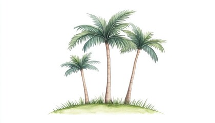 Obraz premium Three tropical palm trees with lush green leaves set against a white background, ideal for nature themes