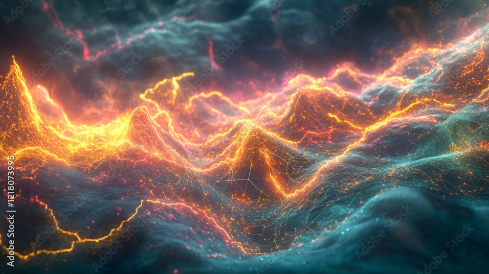 Poster visualization of electric waves coursing through a futuristic power grid, illustrating the concept o