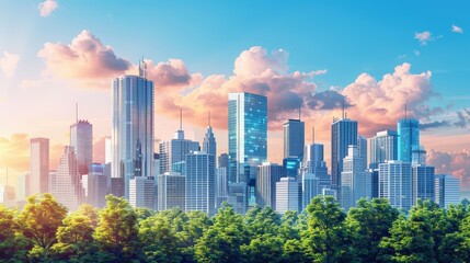 Obraz premium A Vibrant Modern Cityscape Bathed in Sunset Colors and Surrounded by Lush Greenery and Clouds