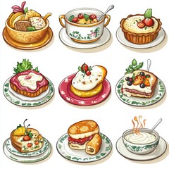 Delicious pastries, soups, and desserts; food illustration for cookbook or menu