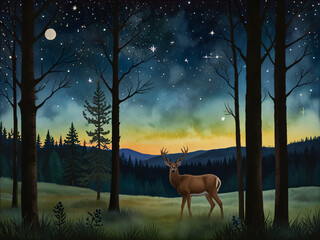 A commercial illustration of a deer in a nighttime forest scene.