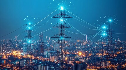 Futuristic power lines over a city at night, illuminated with glowing, interconnected network dots.