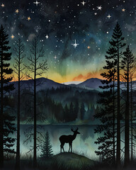 The deer in the forest at night is beautifully illustrated in this artwork.