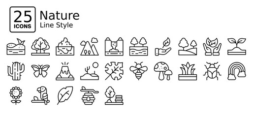 Nature icons in outline style. Collection of Environtment, Landscape, Spring, Icon set in Line Style. Simple vector editable stroke, easy to use	
