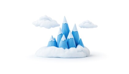 A whimsical depiction of blue-tipped mountains surrounded by fluffy clouds on a snowy base