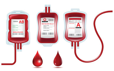 Set illustration of medical blood bags containing whole blood and red blood cells, featuring various blood types (AB Positive, O Positive, A Positive). The image includes details like labels, tubing, 