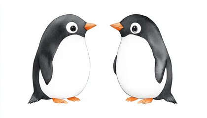 Obraz premium Two adorable penguins facing each other in a whimsical illustration, set against a plain background