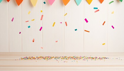 Colorful confetti falling over a wooden surface, celebrating a joyful occasion indoors