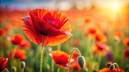 Fototapeta premium Vibrant Red Poppy Flower Field, Blooming Poppies, Spring Flowers, Wild Poppy, Poppy Meadow, Floral Photography, Nature Background, Summer Flowers, Red Poppy Closeup, Poppy Seeds, Poppy Blossom