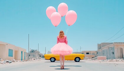 Young woman in pink dress holding balloons on a deserted street with yellow car in background