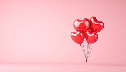 A cluster of shiny red heart-shaped balloons floating against a soft pink background, symbolizing love