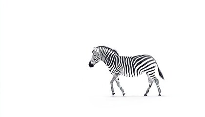A solitary zebra walking gracefully across a pristine white background, symbolizing elegance and freedom