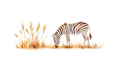 A serene watercolor illustration of a zebra grazing near golden grasses in a tranquil setting