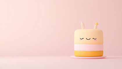 Cute pastel birthday cake with smiling face, candles, on a plate against a soft pink background