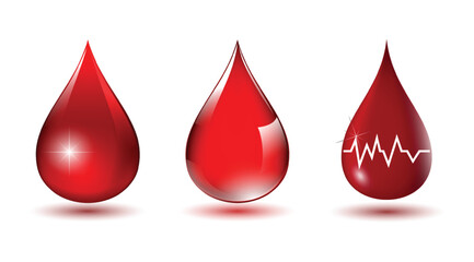 Obraz premium Set illustration of three red blood drops, with the last drop featuring a heartbeat line. The image highlights themes of health, blood donation, and cardiovascular care, making it suitable for medical
