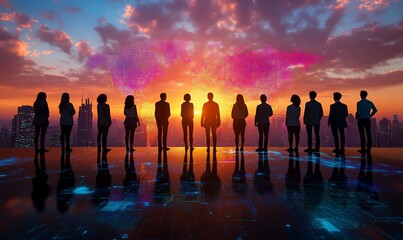  Global teamwork standing united overlooking cityscape futuristic sunrise global world collaboration