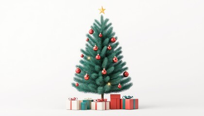A beautifully decorated Christmas tree with ornaments and gifts underneath in a festive setting