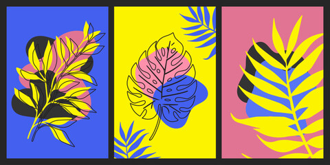 collection of Botanical card or poster pop art style background. Flower and leaves abstract,  design ready for print, wall art for home decoration.