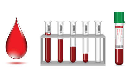 Set illustration of featuring a drop of blood, test tubes with varying levels of blood samples, and a labeled blood sample collection tube. The image represents blood testing, laboratory diagnostics, 