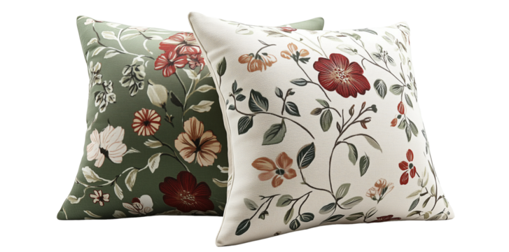 Two decorative pillows with floral and geometric patterns, isolated on transparent background.