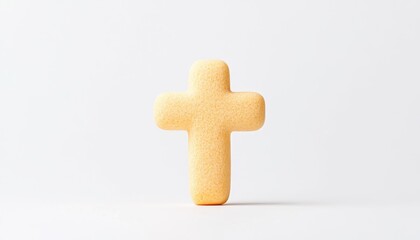 Obraz premium A vibrant yellow cross-shaped sponge sits on a clean white backdrop, symbolizing faith and purity in design