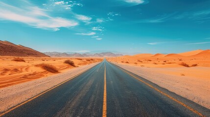 Fototapeta premium A Majestic View of a Desert Road Stretching Into the Horizon Under a Clear Blue Sky and Mountains