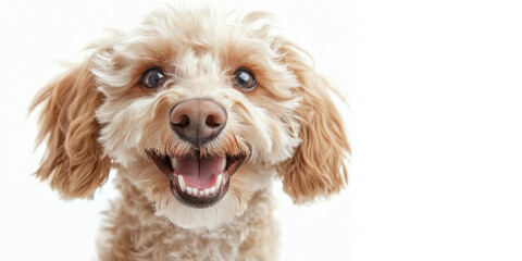 A light brown and white golden doodle with a happy expression, generative AI