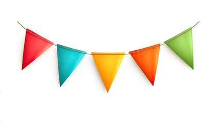 Colorful party flags hanging in a row against a white background, perfect for festive decorations