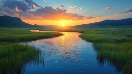 Fototapeta premium Serene sunset over a winding river with lush green grasslands and distant mountains