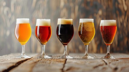 Various beer glasses display unique colors and styles on a rustic wooden table, creating an inviting atmosphere perfect for relaxation
